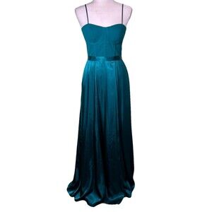 Galena Signature Teal Satin Maxi Spaghetti Strap Corset Bodice Flowy A-Line Sz 2